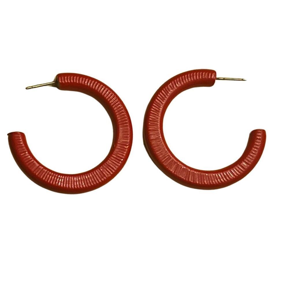 New 10k Gold Cherry Red Textured 2” Hoop Earrings